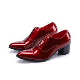 Red Patent Leather Men Dress Shoes Nightclub Party Man High Heel Shoes Dancer Pointed Toe Brogue Shoes