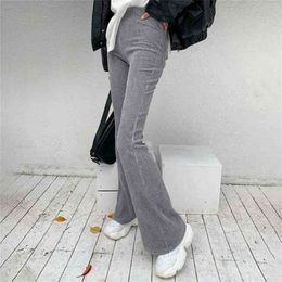 Rapwriter Solid Female Corduroy Flare Pant Casual Fall Winter Harajuku Long Stretch High Waist Trousers Sweatpants 210915