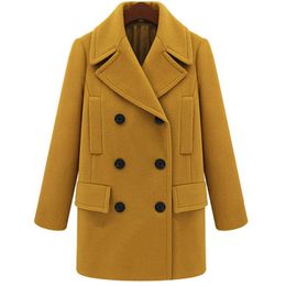 Yellow Wool Coat for Women Long Sleeve Casual Woolen Winter Cape Plus Size Tops Double Breast Clothing Fall Workwear Office Lady 210527