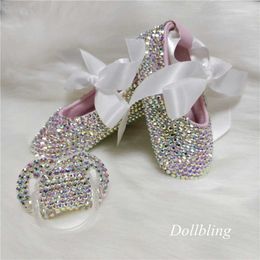 bowknot Custom Sparkle Bling crystals Rhinestones Baby girls shoes infant 0-1Y ribbon Princess shoes First Walkers hairband 211021