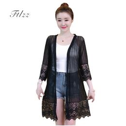 Summer Casual Medium Long Jacket Women 3/4 Sleeved Plus Size 4xl Black White Thin Coat Laides Patchwork Lace Outerwear 210525