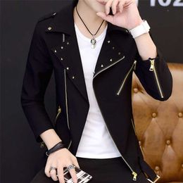Idopy Fashion Korean Style Mens Motorcycle Jacket Irregular Zipper Slim Fit Zip Up Lapel Collar Rivet Studded Coat For Male 211214