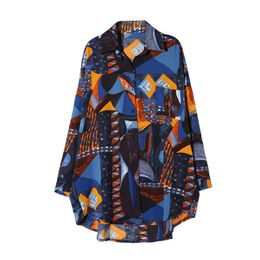 PERHAPS U Women Blue Geometric Turn Down Collar Long Sleeve Satin Print Shirt B0183 210529