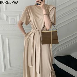 Korejpaa Women Dress Summer Korean Chic Ladies French Elegant Round Neck Tie Waist Slimming Short-Sleeved Split Vestidos 210526