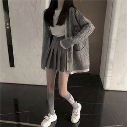 Spring autumn knitted sweater Cardigan with white long-sleeved t-shirt and Grey pleated skirt three-piece preppy style suits 211106