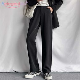 Aelegantmis Spring Black Office Lady Wide Leg Pants Women Loose Elastic High Waist Trousers Female Casual Straight Long OL 210607