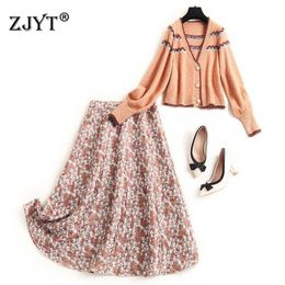 Fashion Autumn Winter Women Suit Long Sleeve Knitted Cardigan Sweater and Jacquard Skirt 2 Piece Matching Set Lady Outfits 210601