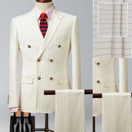 Gorgeous 2 Piece Men Suits Pinstripe Modern Formal Wedding Tuxedo Customized Fit Double Breasted Lapel Party Wear Coat+Pant