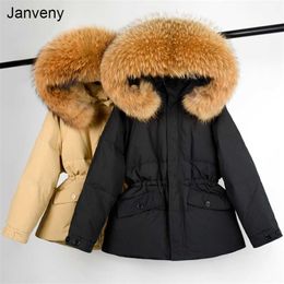 Janveny Winter 90% White Duck Down Jacket Women Large Real Raccoon Fur Collar Hooded Puffer Coat Female Feather Parkas 211018