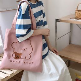 Waist Bags Bear Embroidery Women Canvas Shoulder Cotton Cloth Fabric Handbag Inside Zipper Purses Books Bag Cute Tote For Girls