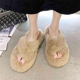 Winter House Women Fur Slippers Fashion Cross Band Warm Plush Ladies Fluffy Shoes Cosy Open Toe Indoor Fuzzy Slides For Girls 210914