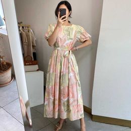 Chic Korean Vintage Loose Bandage Waist Square Collar Puff Sleeve Dyed Dress Women Floral Print Fashion Vestido Feminino 210610