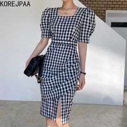 Korejpaa Women Dress Summer Korean Chic Retro Temperament Square Collar Pleated Irregular Slit Puff Sleeve Plaid Vestidos 210526