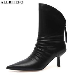 ALLBITEFO fashion brand genuine leather sexy high heels ankle boots for women winter snow women boots women high heel shoes 210611