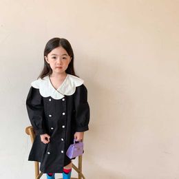 Korean style spring girls chic turn-down collar loose dress kids girl double-breasted long sleeve cute party dresses 210615