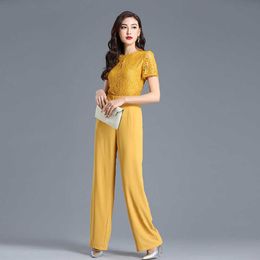 Lace Jumpsuit for Women Summer Evening Party Short Sleeve Chiffon Elegant Formal Wide Leg Rompers Plus Size 3XL 4XL Clothes 210625