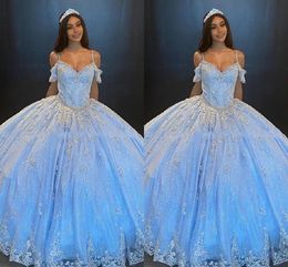 Bling Tulle Bahama Blue Quinceanera Dresses Ball Gown Off The Shoulder Applique Lace Beaded Crystal Open Back Lace Up Prom Graduation Formal