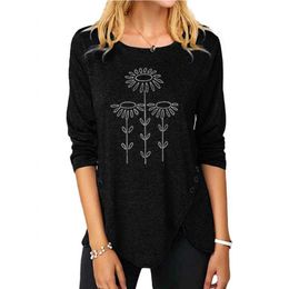 4XL 5XL Casual New Irregular Vintage Ladies T-Shirt Spring and Autumn 2021 Button Long Sleeve Print Plus Size Women's T-Shirt Y0629