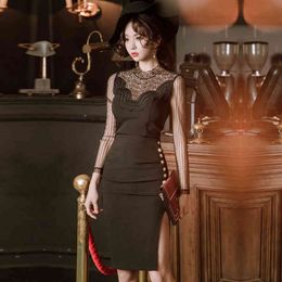 Black High Waist Tight Dress 2021 Spring Sexy Perspective Lace Side Single Row Decorative Button Split Elegant Party Dress Y1204