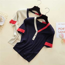 T-shirt femme summer pure cotton top women round neck pullover short sleeve pure Colour knit sweater plus size tees 210604