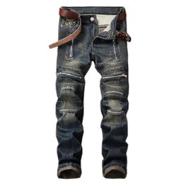 Trendy Straight Leg Men's Stacked Jeans Punk Vintage Biker Zipper Pocket Motorcycle Pants Fashion Patchwork Male Denim Trousers 210317