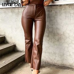 Brown PU Leather Pants For Women High Waist Solid Pocket Women's Autumn Winter Fashion Trousers Female 211115