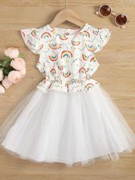 Toddler Girls Rainbow Print Ruffle Trim Mesh Hem Dress SHE