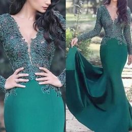 Arabic Emerald Green Lace Mermaid Evening Dresses Sheer Sleeves Satin Applique Ruched Long Formal Prom Party Gowns 328 328