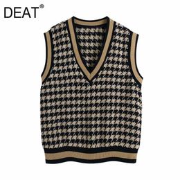 [DEAT] Fashion Spring Autumn Sleeveless V-neck Stripe Loose Fit Knitting Casual Sweater Vest Women 13C205 210527