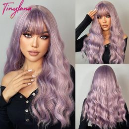 Synthetic Wigs Long Pink Purple Brown Blonde Blue Water Wavy With Bangs For Women Natural Cosplay Party Daily Use Heat Resistant