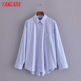 Tangada Women Blue Striped Boyfriend Style Shirt Turn Down Collar Long Sleeve Chic Female Casual Tops Blusas 3H196 210609