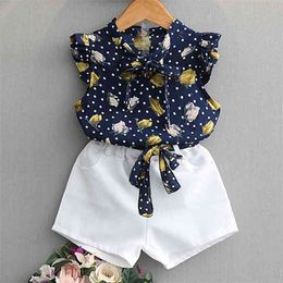 Girls Set Baby Summer Clothes Sleeveless Leaf Polka Dot Bow Top + Shorts 2 Piece Children Girl 210528