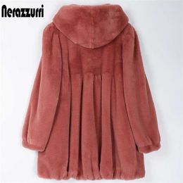Nerazzurri Pleated light soft faux fur coat women with hood Skirted fluffy jackets for women Womens plus size fall fashion 211110