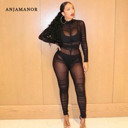 Women's Jumpsuits & Rompers ANJAMANOR Sheer Mesh Black Sexy Clubwear Jumpsuit Ladies One Piece Outfit Ruched Long Sleeve Bodycon D52-AE35