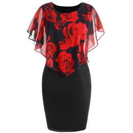 S-5XL Plus Size Rose Valentine Overlay Capelet Dress Summer O-Neck Short Sleeve Women Party Bodycon Dresses Vestidos Robe 210608