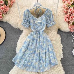 Korean Fashion Women Dress Summer V-neck Short Sleeve Printing Elastic Waist A-line Shinning Mesh Mini Party 210603