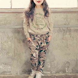 Autumn and Winter Floral Print Long-sleeve Sweatshirt And Pants Set Kids Girl Sets Suits Children Clothing 210528