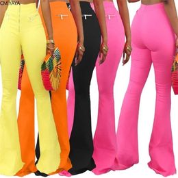 CM.YAYA Vintage Zipper Fly Women Wide Leg Flare Pants Leggings High Waist Trousers Draped Bellbottom Jogger Sweatpants 211115