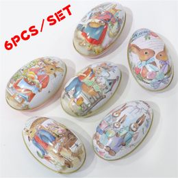 6 Pieces Easter Bunny Dress Printing Alloy Metal Trinket Tin Easter Eggs Shaped Candy Box Tinplate Case Party Decoration 210315