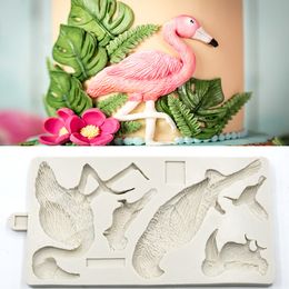 Silicone Fondant Cake Mould Flamingo Parrot Fondant Mould Tropical Leaf Mould Calla Lily Leaf Fern And Bamboo Chocolate Mould K250 210225