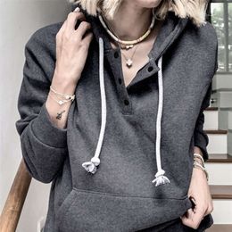 Warm Women's Fleece Hoodies Solid Drawstring Long Sleeve Button Sweatshirts Women Autumn Pocket Loose Streetwear Lady Hoody LJ201103