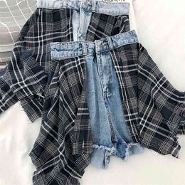 S-5XL Korean fashion design sense Colour matching lattice stitching high waist fake two pieces wide leg denim skirt shorts 210719