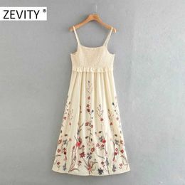 Zevity women vintage flower embroidery elastic ruffles sling midi dress chic female crochet patchwork casual slim dresses DS4389 210603