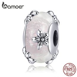 bamoer Vintage Flower Handmade Murano Beads for Women Origianl Silver Bracelet Glass Charm 925 Sterling Silver Jewellery SCC1302 Q0531