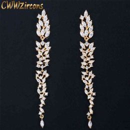 Exquisite Wedding Design Leaf Ear Line Long Dangle Drop Earring Jewellery Cubic Zirconia Brincos for Women Bijoux CZ578 210714