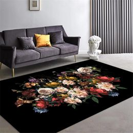 Luxury Black European Carpet With Big Flower Retro Classical Floral Rugs Bedroom Hallway Carpet Doormat Living Room Carpet Mat 210301