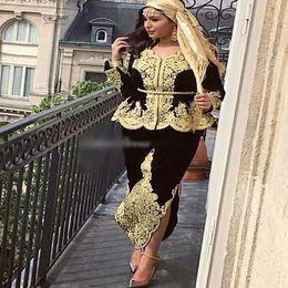 Sexy Black Karakou Algerien Evening Dress 2022 Long Sleeve Arabic Dubai Prom Dress With Gold Lace Muslim Abaya Midi Formal Party Gown Robes De Soirée Vestidos Noche