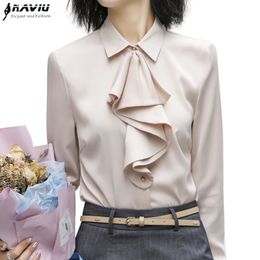 Elegant Women Ruffle Shirt New Formal Long Sleeve Slim Chiffon Blouses Office Ladies Plus Size Work Tops 210225