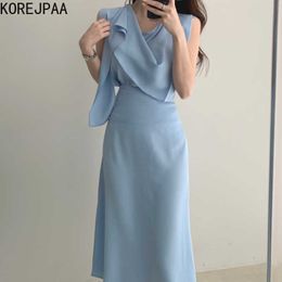 Korejpaa Women Dress Sets Summer Korea Elegant Heap Collar Ribbon Loose Sleeveless Top+high Waist Pocket Hip Skirt Suit 210526