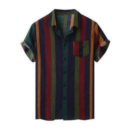 Men's Casual Shirts Hawaii Men Shirt Blouse Multicolor Stripes Loose Short Sleeve Buttons Cotton Beach Camisas Para Hombre Oversize